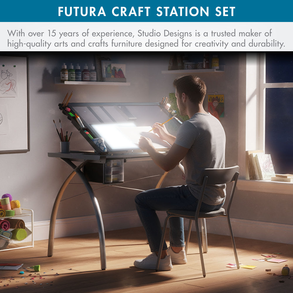 Futura Deluxe Drafting Table with Light Pad Support Bars & Drafting He ...