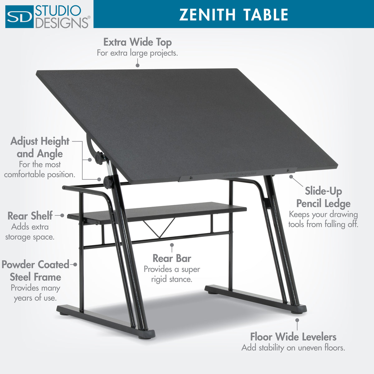 Zenith Height Adjustable Drawing/ Drafting Table with 42