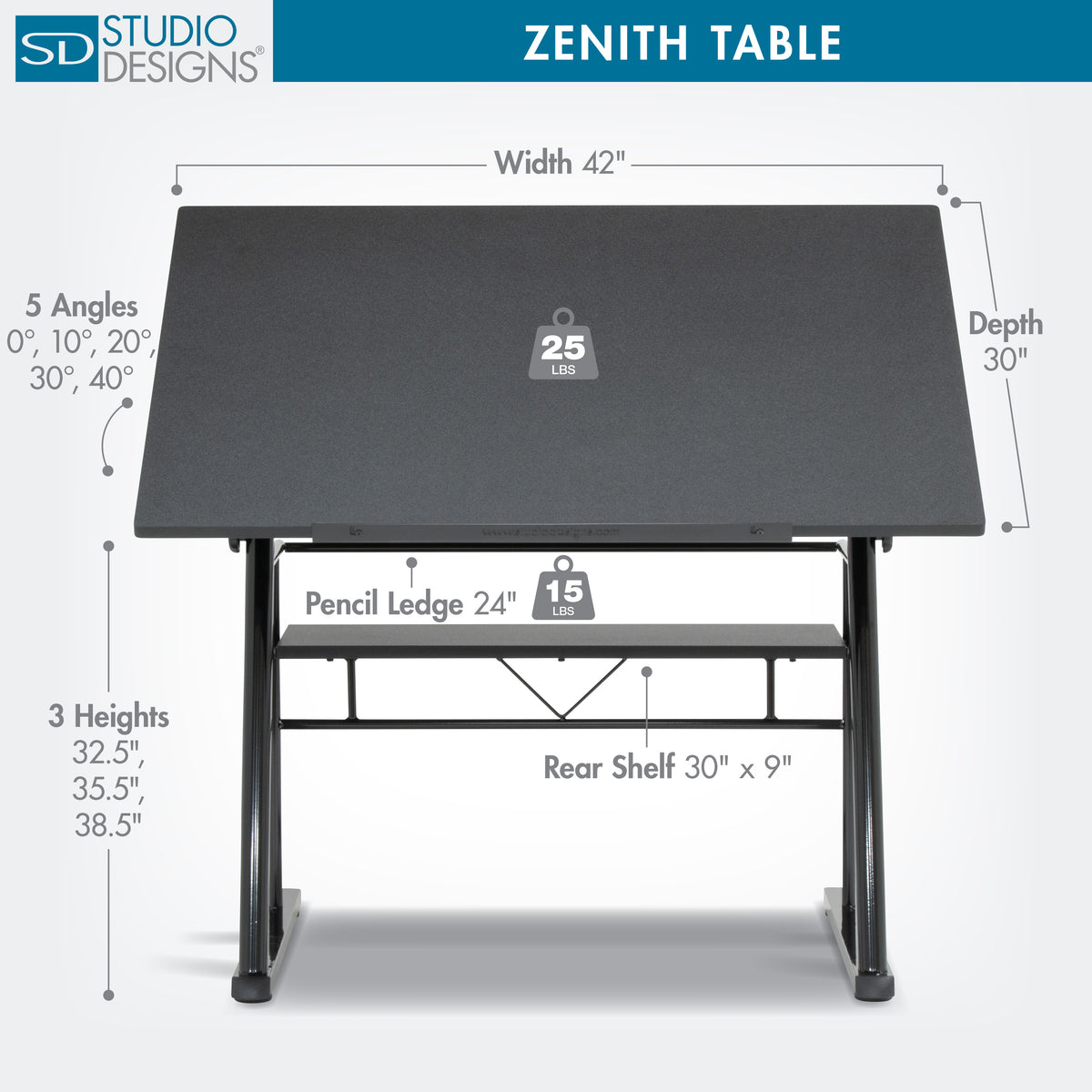 Zenith Height Adjustable Drawing/ Drafting Table with 42
