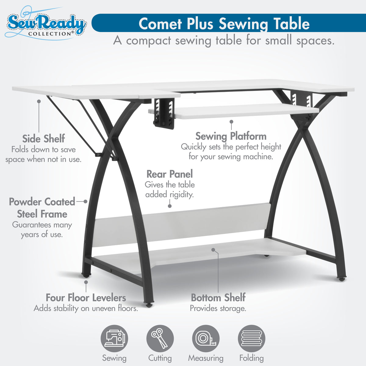 Comet Plus Sewing/Office Table with Fold-Down Top, Height Adjustable P ...