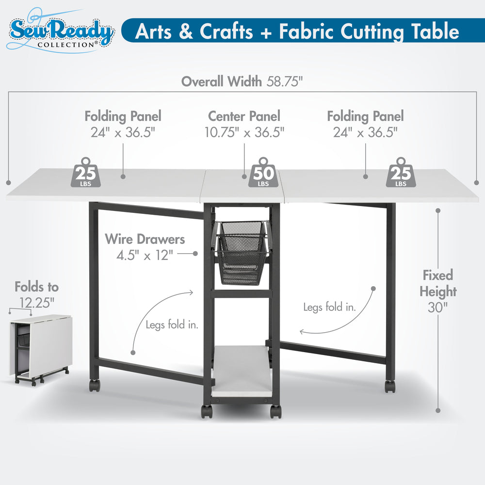 Mobile Folding Fabric Cutting Table with Wheels and Storage Sitting He ...