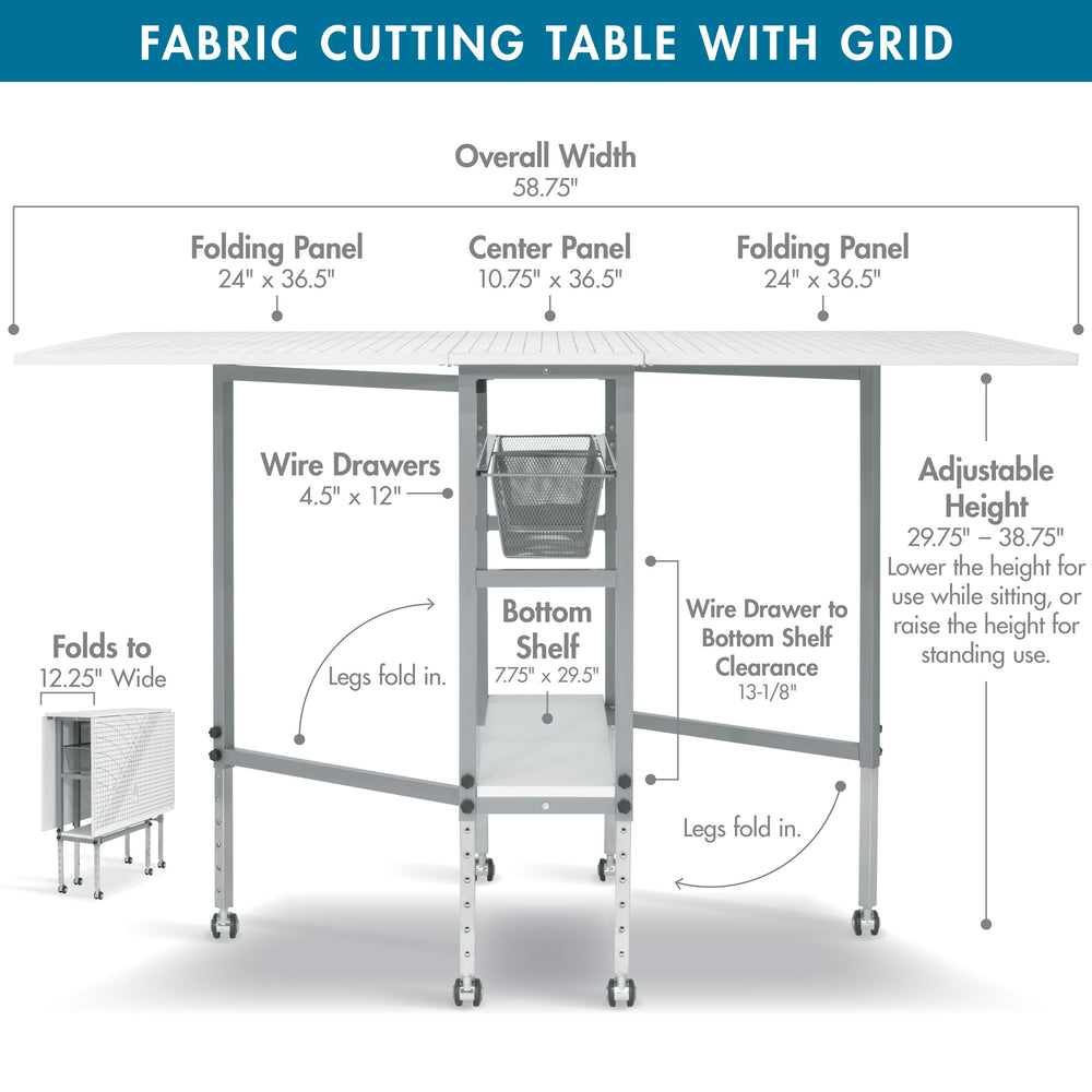 Hobby Fabric Cutting Table with Grid & Guides, Mobile, Folding, Height Adjustable with Storage - 13386