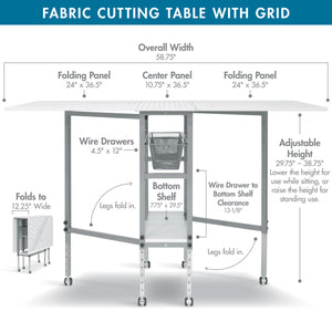 Hobby Fabric Cutting Table with Grid & Guides, Mobile, Folding, Height Adjustable with Storage - 13386