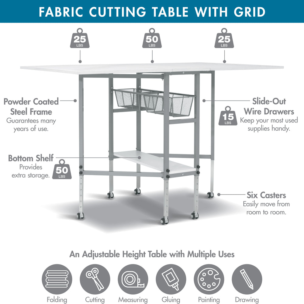 Hobby Fabric Cutting Table with Grid & Guides, Mobile, Folding, Height Adjustable with Storage - 13386