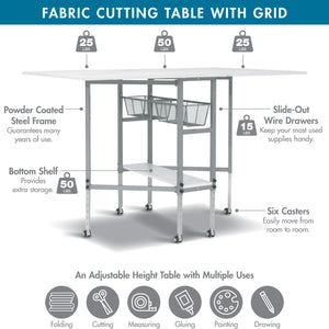 Hobby Fabric Cutting Table with Grid & Guides, Mobile, Folding, Height Adjustable with Storage - 13386