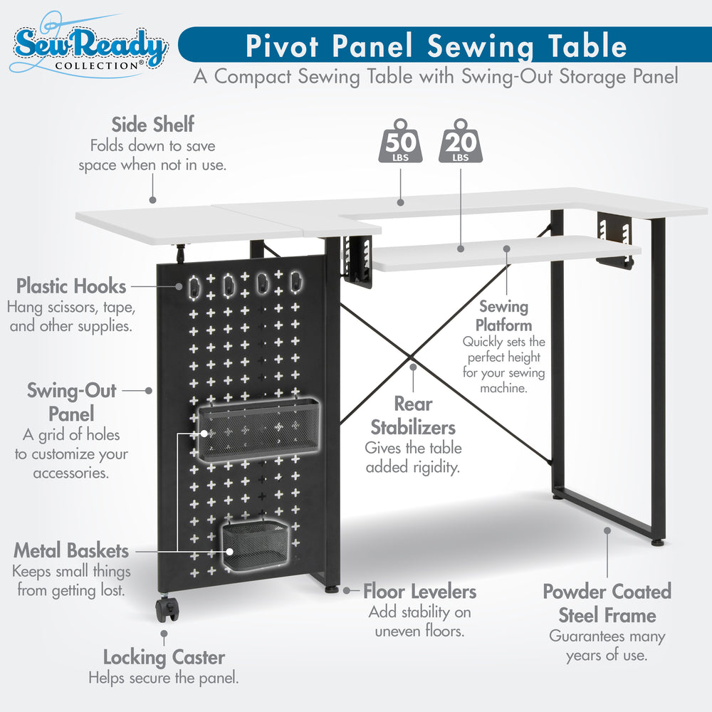 Pivot Sewing Table with Swingout Pegboard Panel with Storage Accessori ...