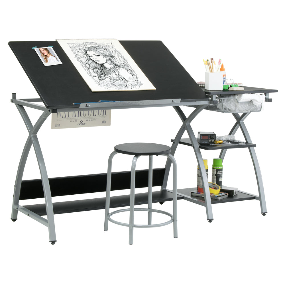 Craftwork Station Deluxe Craft Station with Stool, Adjustable Drafting & Art Desk with S ...