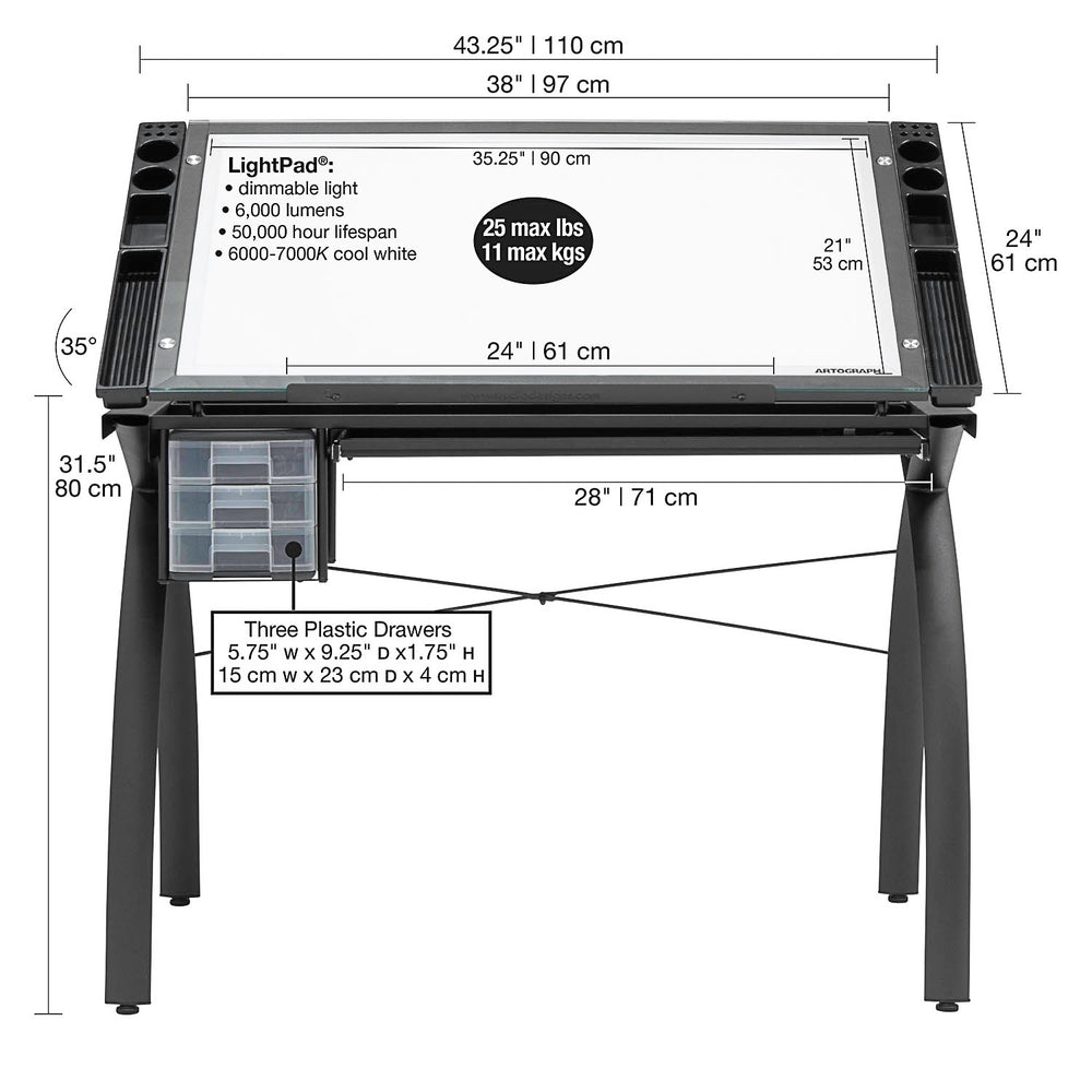 Futura Light Table For Artists with Adjustable Top, Storage and Dimmable Top